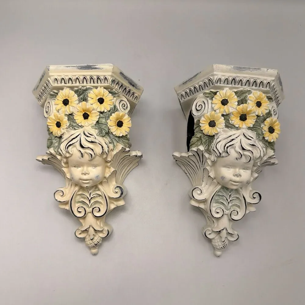 Vintage Cherub Curtain Rod Holders Wall Sconces Set 2 Resin Shabby Chic Floral